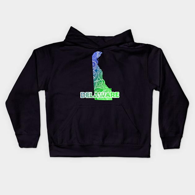 Colorful mandala art map of Delaware with text in blue and green Kids Hoodie by Happy Citizen